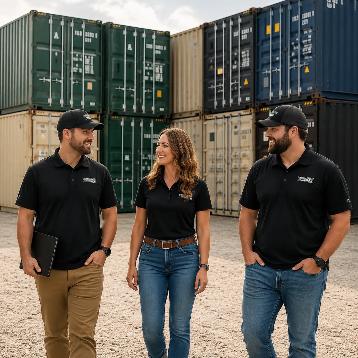 Freedom Conex team members walking through the container yard
