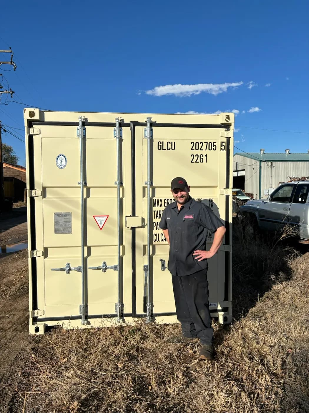 Shipping container delivered on a clear day