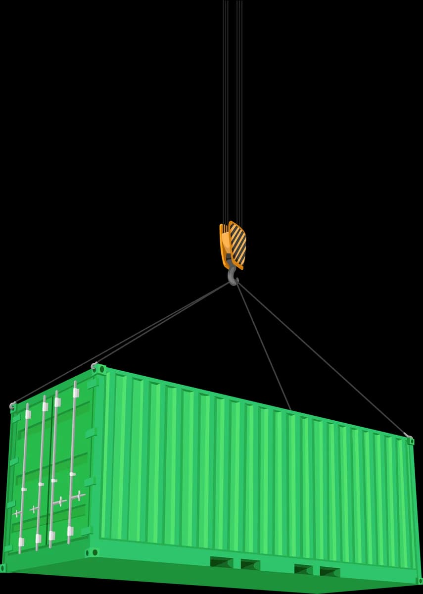 Green shipping container suspended from a crane hook